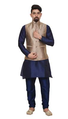Mag Men's Nevy Blue Matching silk Kurta Churidhar With Gold 2nd Waistcoat 2