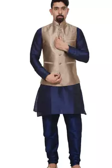 Mag Men's Nevy Blue Matching silk Kurta Churidhar With Gold 2nd Waistcoat