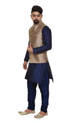 Mag Men's Nevy Blue Matching silk Kurta Churidhar With Gold 2nd Waistcoat 3