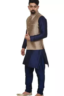 Mag Men's Nevy Blue Matching silk Kurta Churidhar With Gold 2nd Waistcoat