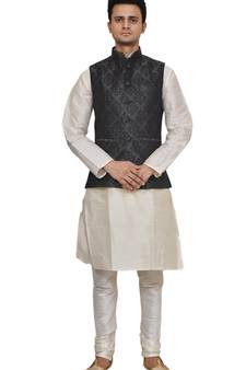 Mag Men's white Matching silk Kurta Churidhar With Black 1st Waistcoat
