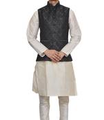 Mag Men's white Matching silk Kurta Churidhar With Black 1st Waistcoat
