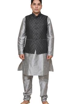 Mag Men's Silver Matching silk Kurta Churidhar With Black 2nd Waistcoat