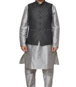 Mag Men's Silver Matching silk Kurta Churidhar With Black 2nd Waistcoat