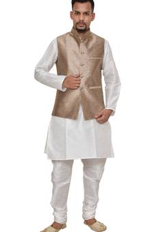 Mag Men's White Matching silk Kurta Churidhar With Gold 2nd Waistcoat