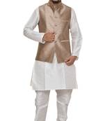Mag Men's White Matching silk Kurta Churidhar With Gold 2nd Waistcoat