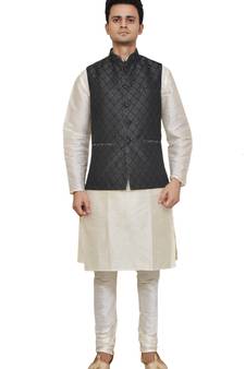 Mag Men's white Matching silk Kurta Churidhar With Black 2nd Waistcoat