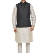 Mag Men's white Matching silk Kurta Churidhar With Black 2nd Waistcoat