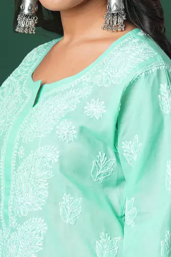 Ada Hand Embroidered Sea Green Cotton Lucknow Chikankari Women Kurta - A133580