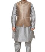 Mag Men's Silver Matching silk Kurta Churidhar With Gold 2nd Waistcoat