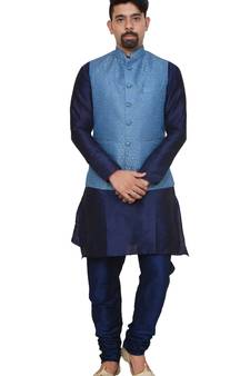 Mag Men's Nevy Blue Matching silk Kurta Churidhar With Banarsi Sky Blue Waistcoat