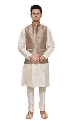 Mag Men's white Matching silk Kurta Churidhar With Gold 1st Waistcoat 1