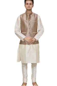 Mag Men's white Matching silk Kurta Churidhar With Gold 1st Waistcoat