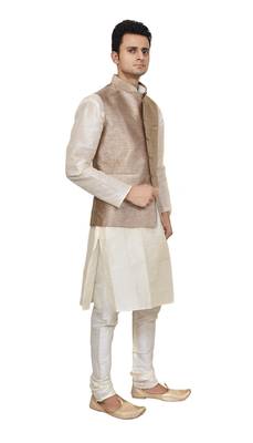 Mag Men's white Matching silk Kurta Churidhar With Gold 1st Waistcoat 2