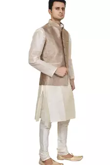 Mag Men's white Matching silk Kurta Churidhar With Gold 1st Waistcoat