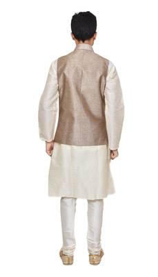 Mag Men's white Matching silk Kurta Churidhar With Gold 1st Waistcoat 3