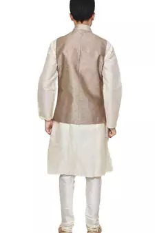 Mag Men's white Matching silk Kurta Churidhar With Gold 1st Waistcoat