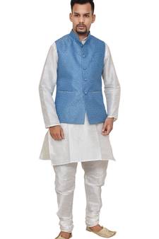 Mag Men's White Matching silk Kurta Churidhar With Banarsi Sky Blue Waistcoat