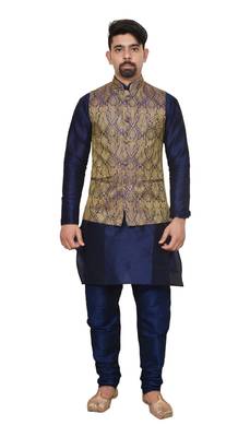 Mag Men's Nevy Blue Matching silk Kurta Churidhar With Purple Waistcoat 1