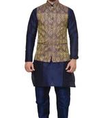 Mag Men's Nevy Blue Matching silk Kurta Churidhar With Purple Waistcoat