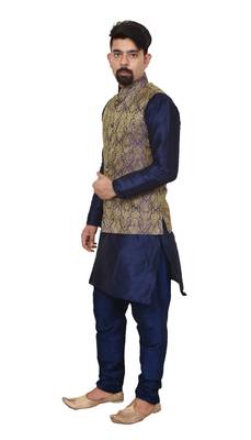 Mag Men's Nevy Blue Matching silk Kurta Churidhar With Purple Waistcoat 2