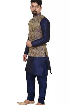 Mag Men's Nevy Blue Matching silk Kurta Churidhar With Purple Waistcoat