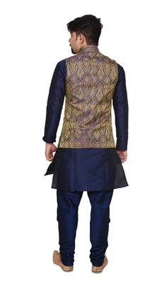 Mag Men's Nevy Blue Matching silk Kurta Churidhar With Purple Waistcoat 3