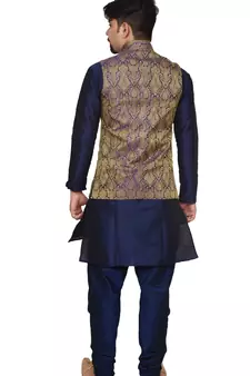 Mag Men's Nevy Blue Matching silk Kurta Churidhar With Purple Waistcoat