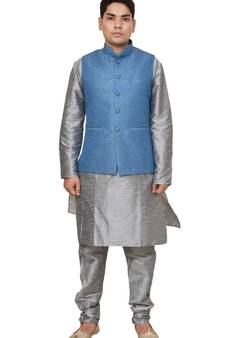 Mag Men's Silver Matching silk Kurta Churidhar With Banarsi Sky Blue Waistcoat