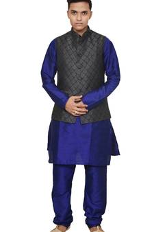 Mag Men's Royal Blue Matching silk Kurta Churidhar With Black 2nd Waistcoat