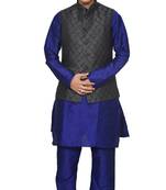 Mag Men's Royal Blue Matching silk Kurta Churidhar With Black 2nd Waistcoat