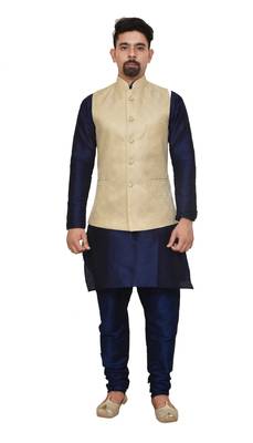 Mag Men's Nevy Blue Matching silk Kurta Churidhar With New Gold Waistcoat 1