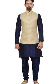 Mag Men's Nevy Blue Matching silk Kurta Churidhar With New Gold Waistcoat