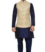 Mag Men's Nevy Blue Matching silk Kurta Churidhar With New Gold Waistcoat