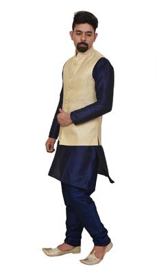 Mag Men's Nevy Blue Matching silk Kurta Churidhar With New Gold Waistcoat 2
