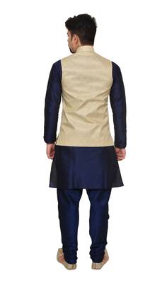 Mag Men's Nevy Blue Matching silk Kurta Churidhar With New Gold Waistcoat 3