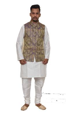 Mag Men's White Matching silk Kurta Churidhar With Purple Waistcoat 1