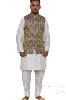 Mag Men's White Matching silk Kurta Churidhar With Purple Waistcoat