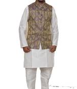 Mag Men's White Matching silk Kurta Churidhar With Purple Waistcoat