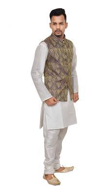 Mag Men's White Matching silk Kurta Churidhar With Purple Waistcoat 2