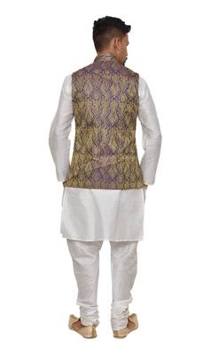 Mag Men's White Matching silk Kurta Churidhar With Purple Waistcoat 3