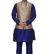 Mag Men's Royal Blue Matching silk Kurta Churidhar With Gold 2nd Waistcoat