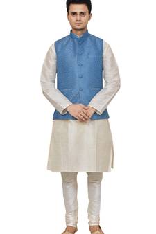 Mag Men's white Matching silk Kurta Churidhar With Banarsi Sky Blue Waistcoat