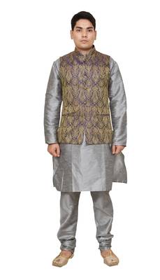 Mag Men's Silver Matching silk Kurta Churidhar With Purple Waistcoat 1