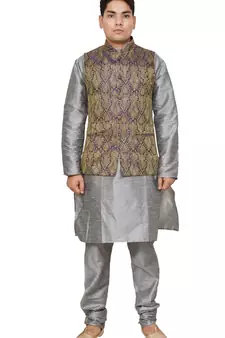 Mag Men's Silver Matching silk Kurta Churidhar With Purple Waistcoat