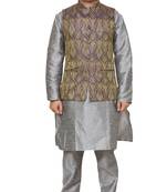 Mag Men's Silver Matching silk Kurta Churidhar With Purple Waistcoat