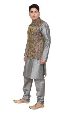 Mag Men's Silver Matching silk Kurta Churidhar With Purple Waistcoat 2
