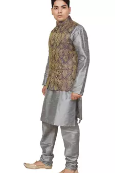 Mag Men's Silver Matching silk Kurta Churidhar With Purple Waistcoat