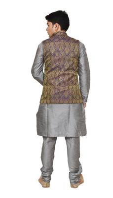 Mag Men's Silver Matching silk Kurta Churidhar With Purple Waistcoat 3