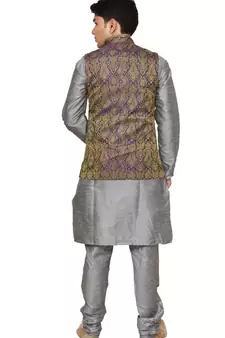 Mag Men's Silver Matching silk Kurta Churidhar With Purple Waistcoat